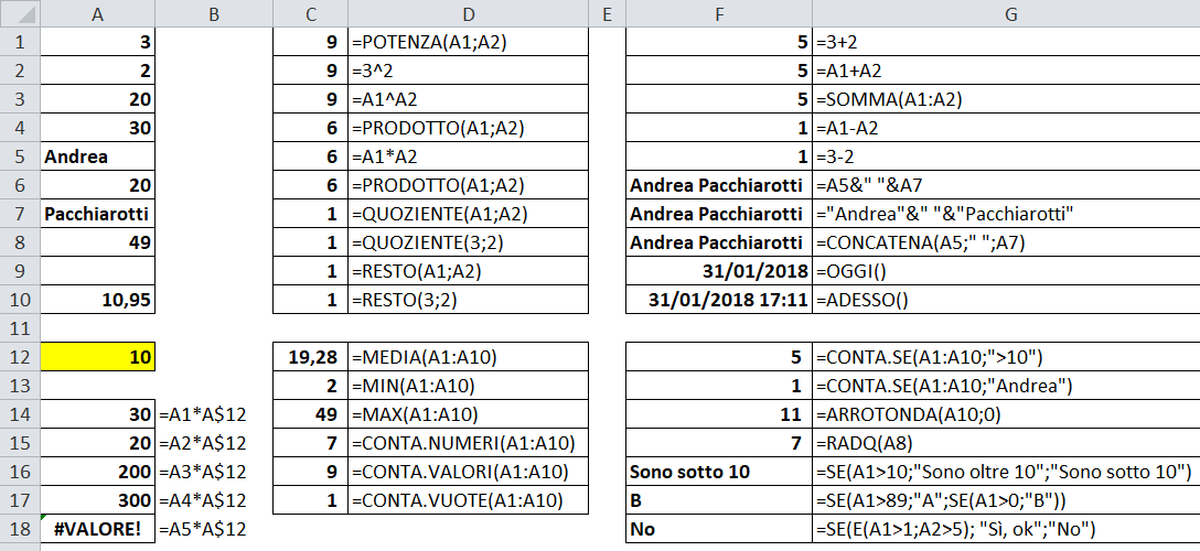 Excel esempi funzioni