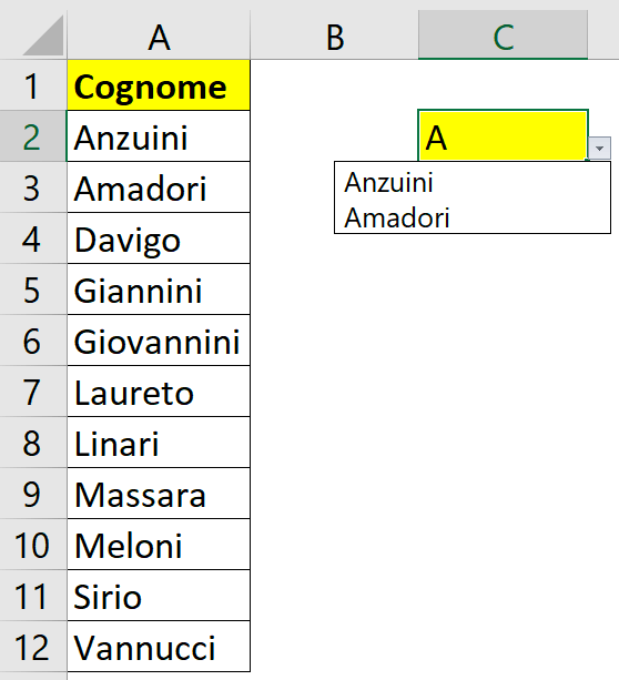 Excel: menu a tendina con completamenteo automatico