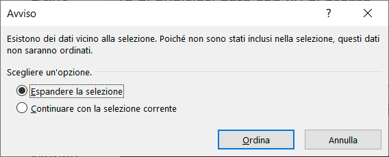 Excel Ordinamento