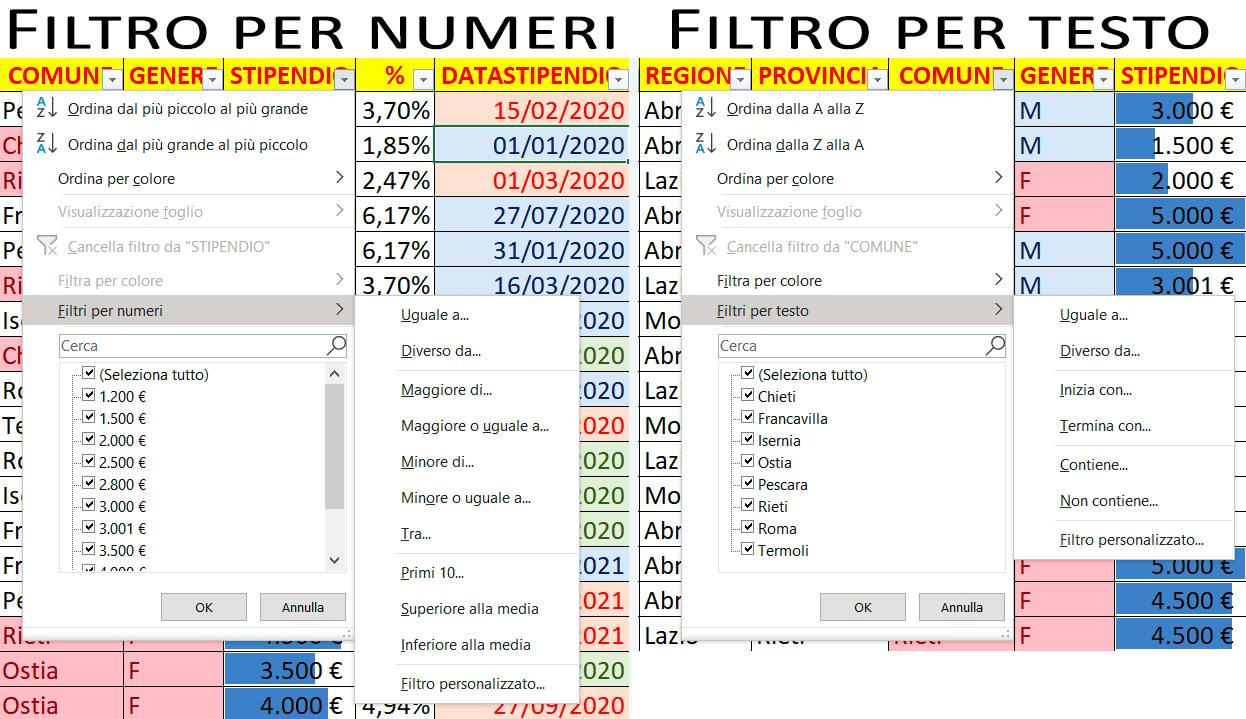 Excel Filtro per numeri, Filtro per testo, Filtro per colore