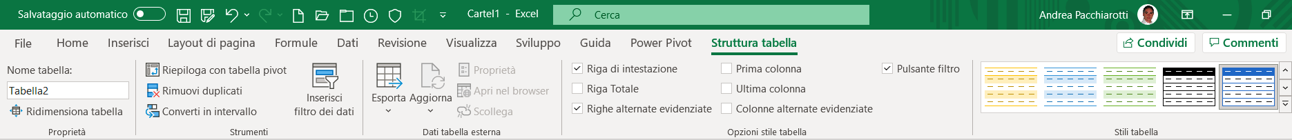 Excel Formatta come tabella: gruppo Struttura tabella