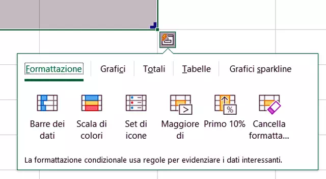 Excel Formatta come tabella: icona Analisi rapida