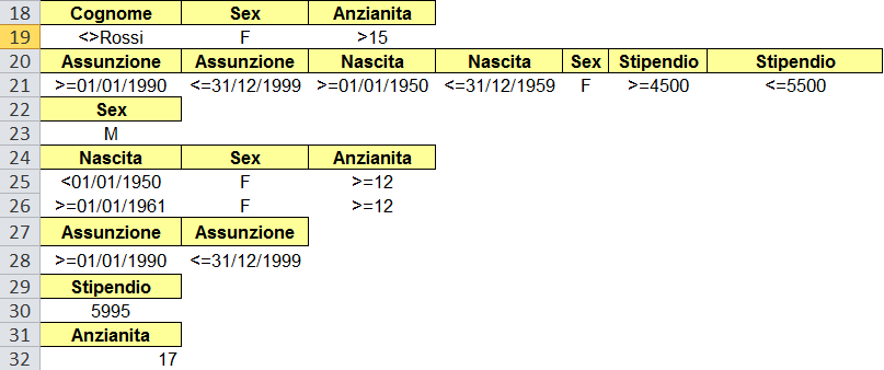 Criteri di Excel