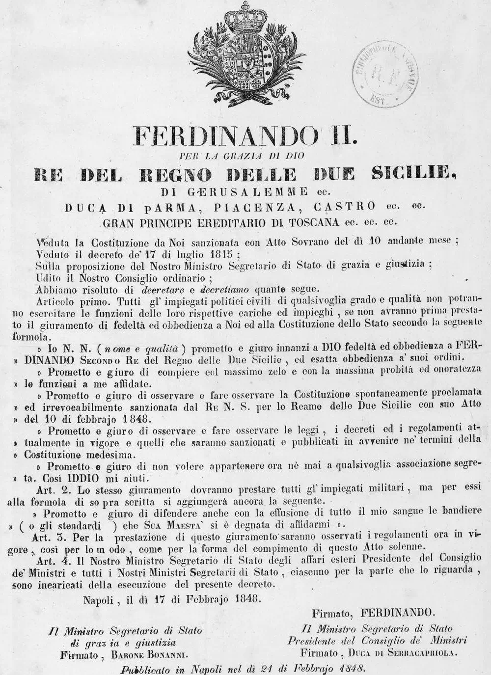Regno delle Due Sicilie. Costituzione del 1848. Biblioteca nazionale di Francia