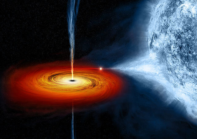 Rappresentazione artistica del sistema con i getti relativistici che si dipartono dal buco nero